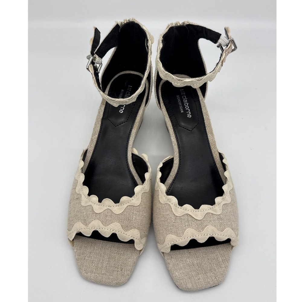 Liz Claiborne Beige Scalloped Rick Rack Wedge Sandals Memory Foam Womens 7.5